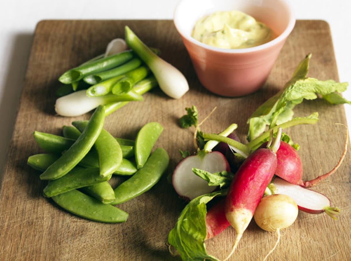 Pea shoot, radish and spring onion salad with herb mayonnaise The