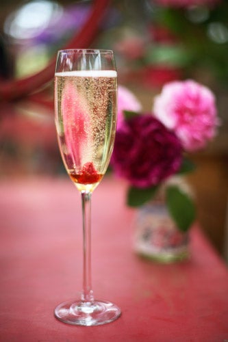 The sugar content in the rose petal causes the bubbles to rise prettily in the glass