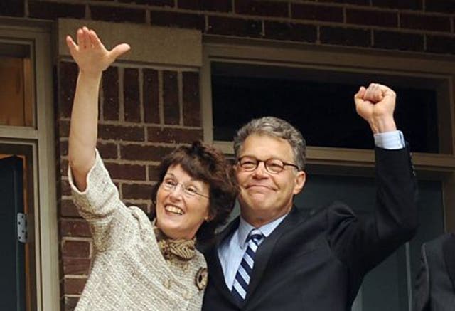 <p>Al Franken and his wife Franni Bryson celebrating after Mr Franken was declared the winner of his first Senate race in 2009 </p>