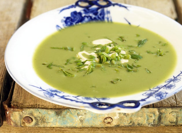 Garnish the soup with some freshly cooked peas or crème fraiche and pea shoots