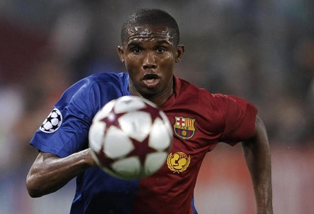 <p>Samuel Eto’o in action for Barcelona </p>