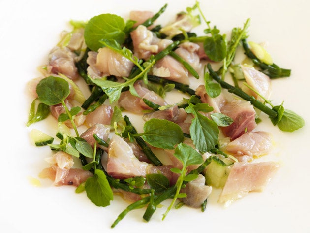 Scatter the leaves and samphire over the mackerel and spoon over the dressing