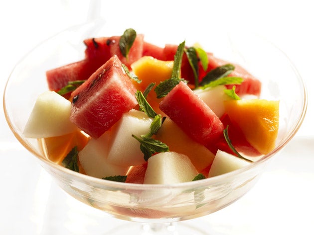 To serve, scatter the mint leaves and syrup over the melon chunks