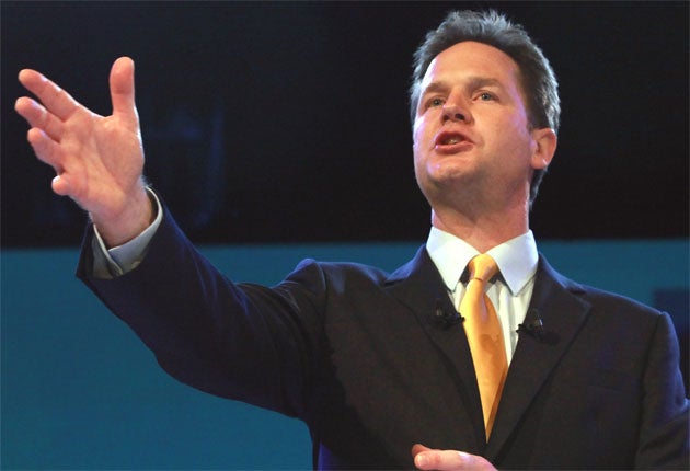 Nick Clegg, the Leader of the Liberal Democrats, delivers his speech at the Bournemouth International Centre last week