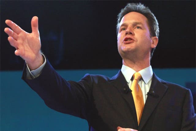 Nick Clegg, the Leader of the Liberal Democrats, delivers his speech at the Bournemouth International Centre last week