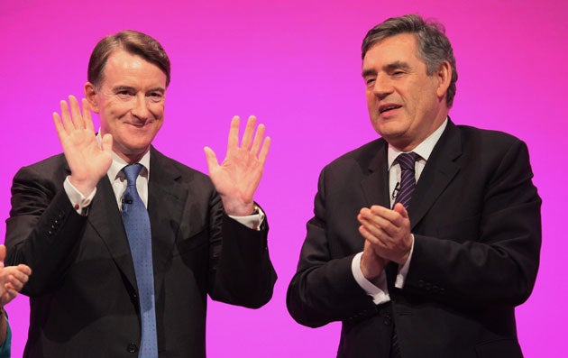 Lord Mandelson is congratulated by Gordon Brown after speaking at the Labour Party Conference in Brighton