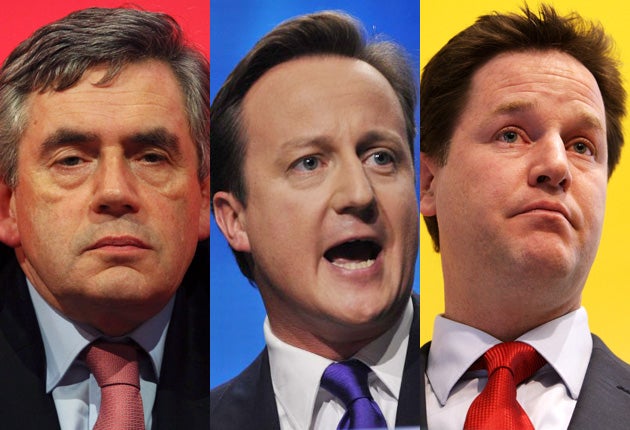 Party leaders Gordon Brown, David Cameron and Nick Clegg will debate on TV