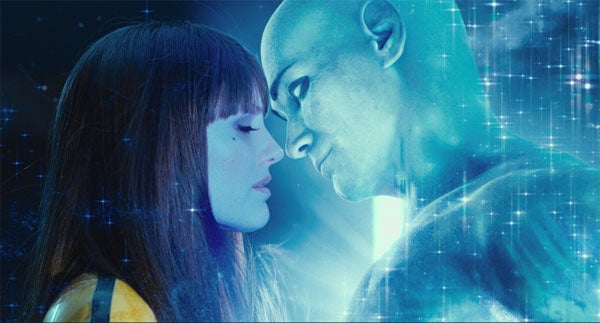 Silk Spectre and Doctor Manhattan share an intimate moment