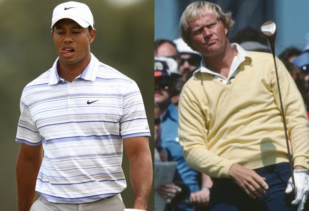 Tiger Woods (left) has won 14 majors to Jack Nicklaus's 18