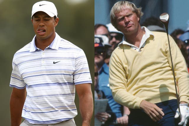 Tiger Woods (left) has won 14 majors to Jack Nicklaus's 18