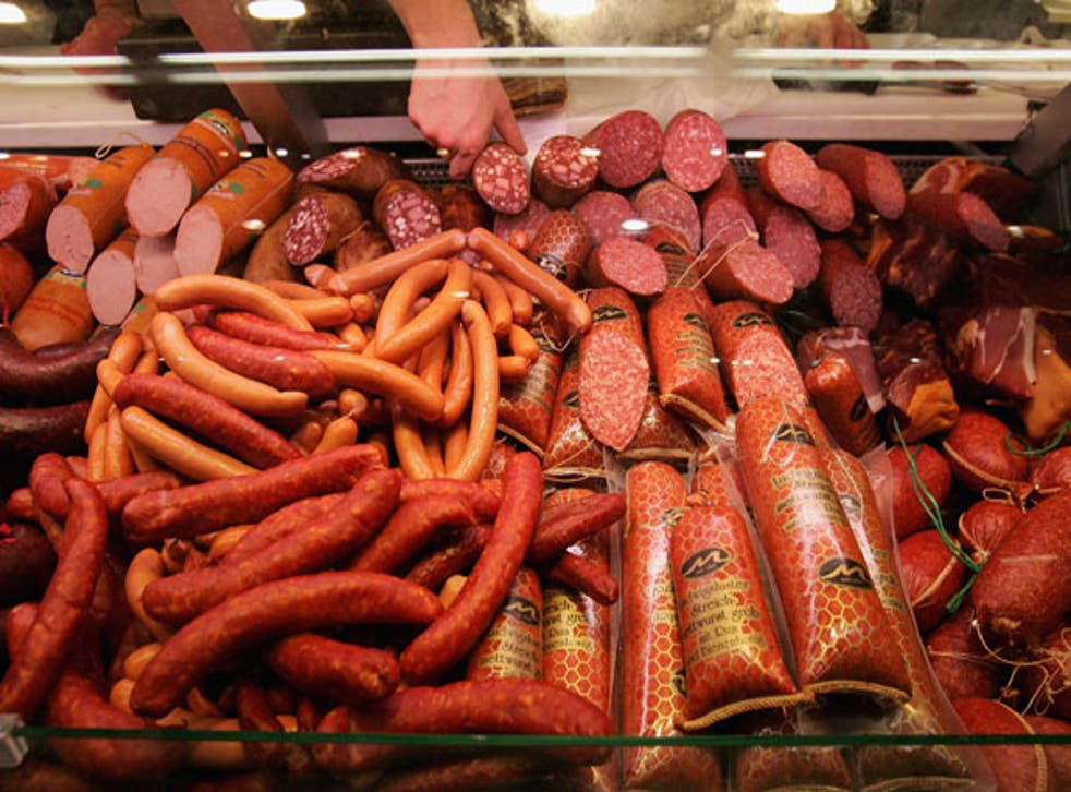 Pork sausages at a deli counter