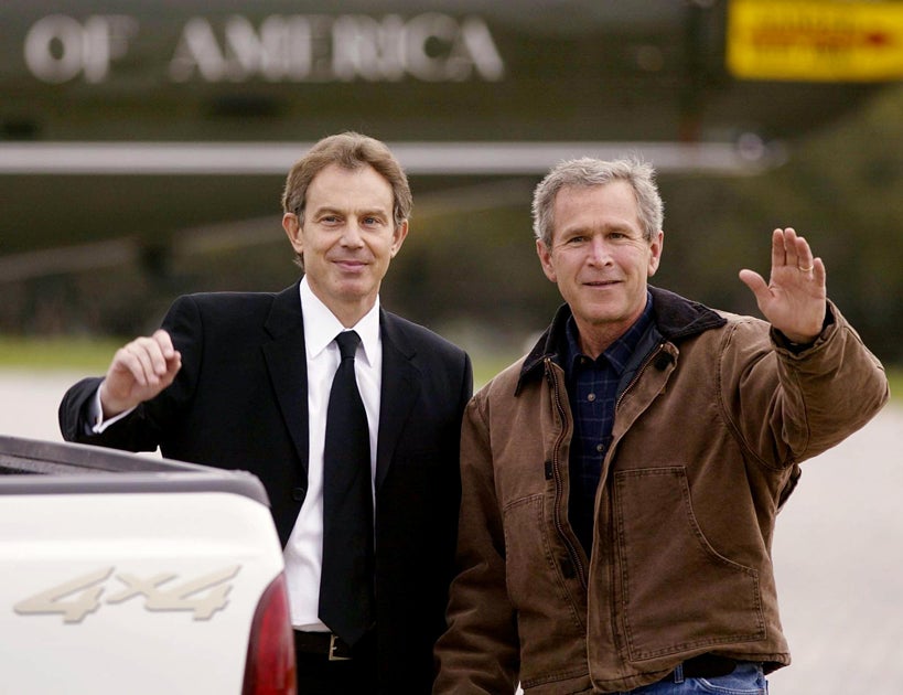Blair discusses what to do about Iraq with Mr Bush at the president's ranch in Crawford, Texas; April 6 2002 