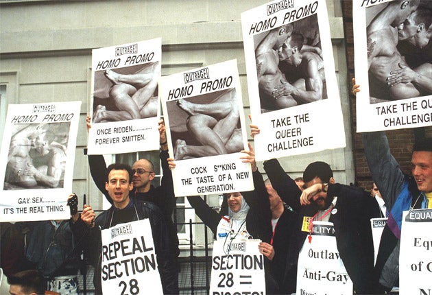Protesters at a rally against the 'Section 28' reforms in London, 1992
