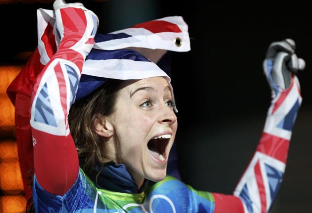 Amy Williams celebrates winning thebob skeleton in Vancouver, Britain'sfirst individual gold medal in 30 yearsat the Winter Olympics