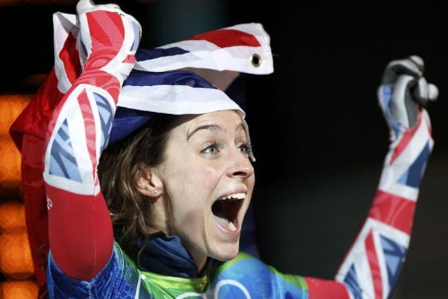 Amy Williams celebrates winning thebob skeleton in Vancouver, Britain'sfirst individual gold medal in 30 yearsat the Winter Olympics
