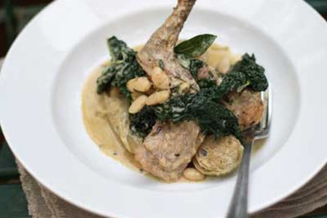 Arrange the rabbit and vegetables on a large, warm plate and spoon over the sauce