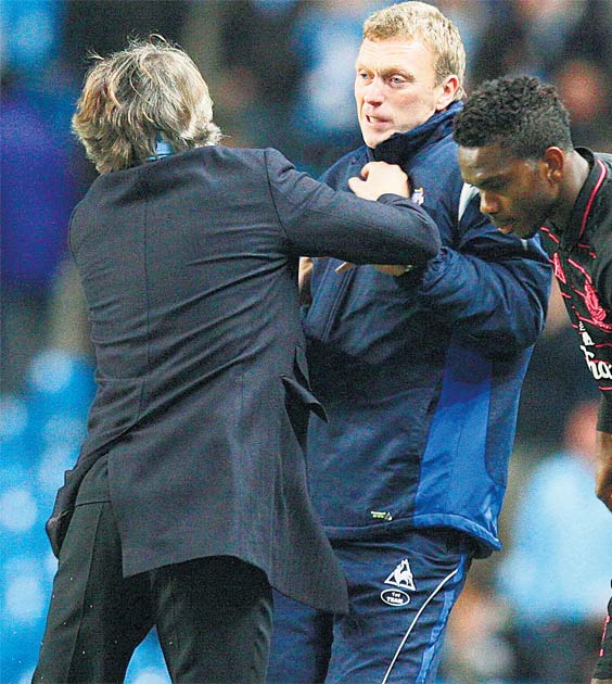 Roberto Mancini v David Moyes Manchester City manager Roberto Mancini was sent to the stands along with Everton counterpart David Moyes after a touchline scuffle in 2010. Fourth official Howard Webb had to separate the two managers after Mancini took exception to Moyes picking up the ball, an action the Italian interpreted as time-wasting.