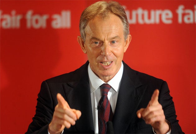 Orange man: Tony Blair addressing Labour voters last week