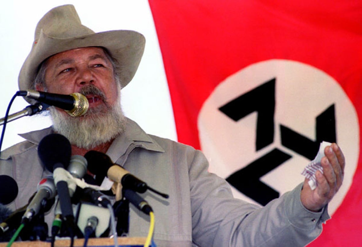 Eugene Terreblanche, leader of the South African far-right political  movement the Afrikaners Weerstandsbeweging (AWB), addresses an AWB public  meeting in Boksburg, South Africa on February 22, 1989. (AP Photo Stock  Photo - Alamy