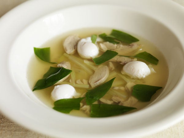 Put three quails' eggs into a warmed soup bowl with some wild garlic, then carefully pour over the soup
