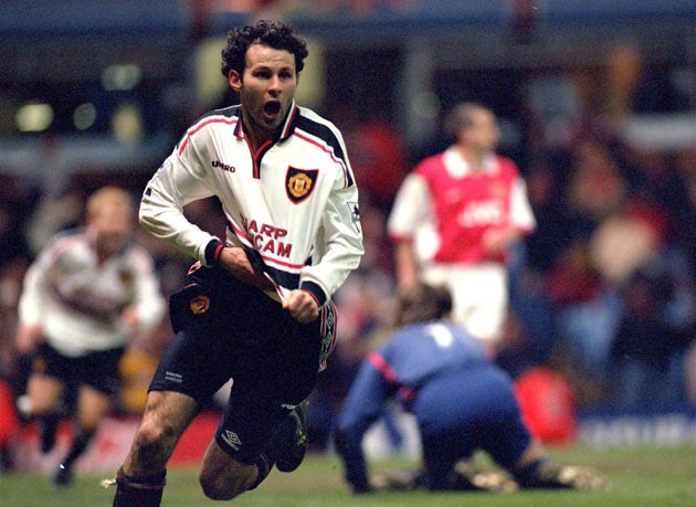 Ryan Giggs turns to celebrate his goal in April 1999