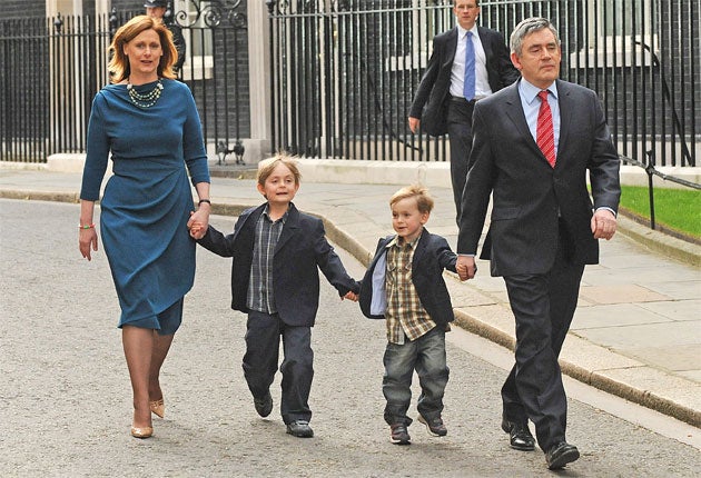 Gordon Brown, his wife Sarah and his two sons leave Downing Street after he announced his resignation as prime minister