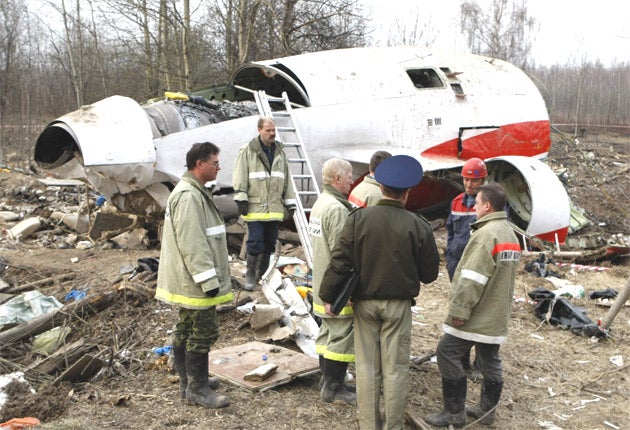 Wreckage at the site of the Smolensk plane crash in 2010