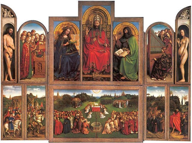 The Just Judges panel, bottom left, of the Ghent Altarpiece was stolen in 1934 and replaced with a copy in the 1950s