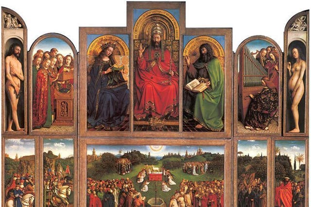 The Just Judges panel, bottom left, of the Ghent Altarpiece was stolen in 1934 and replaced with a copy in the 1950s