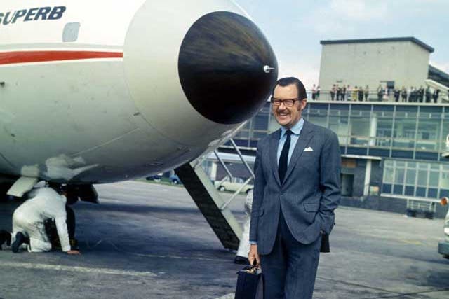 Whicker filming the famous opening titles of 'Whicker's World', that ran from 1959 to 1988, first on the BBC, then ITV, returning to the BBC in the 1980s
