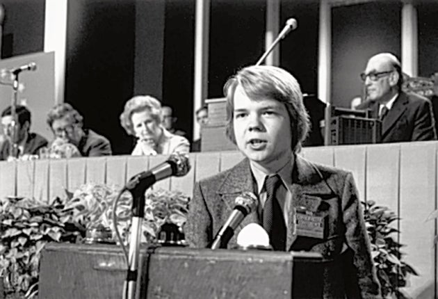 <p>Never-ending Tory: A 16-year-old William Hague rails against the evils of socialism, with Mrs Thatcher looking on approvingly</p>