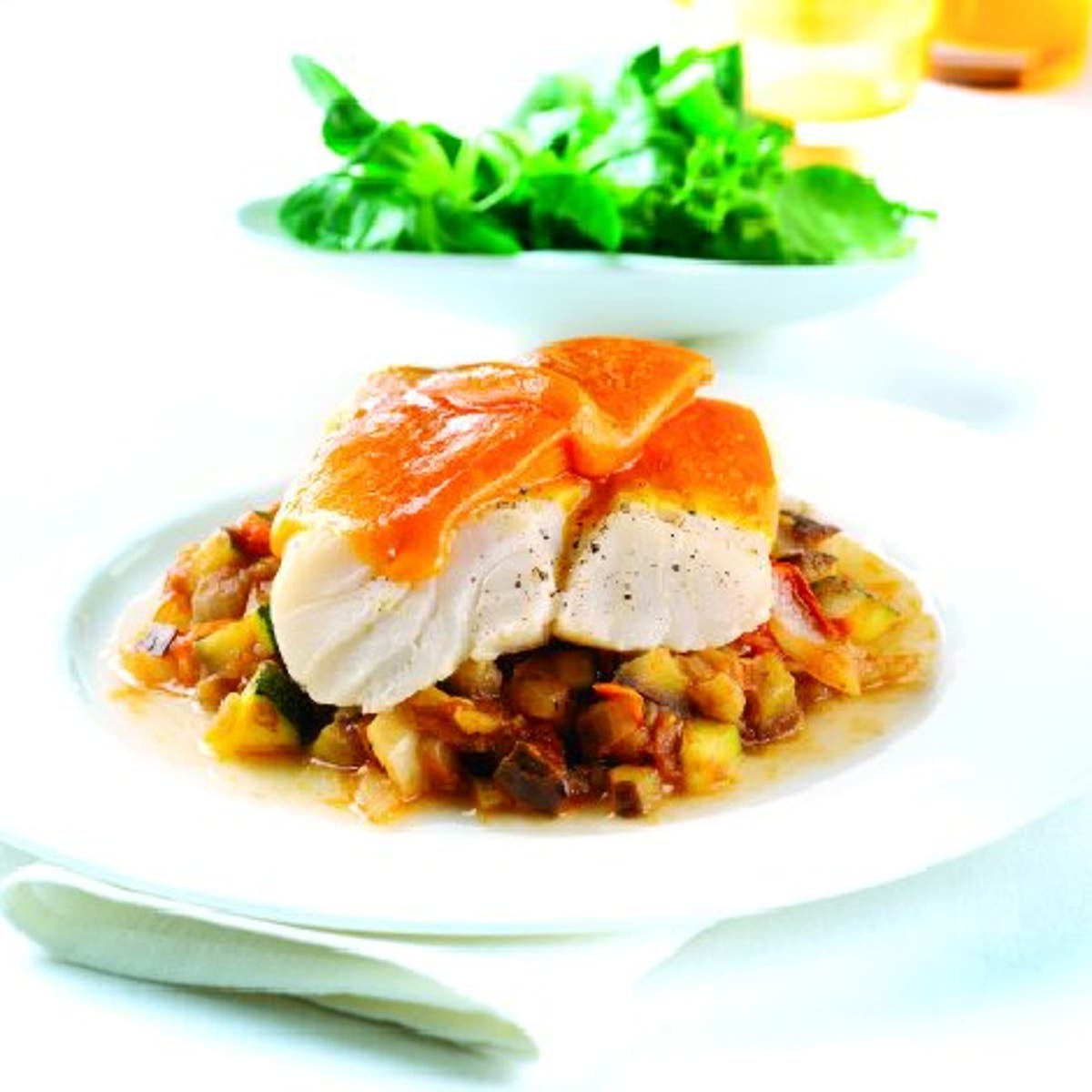 Cheese recipes Sea Bass with Red Leicester and Hot Aubergine Salsa