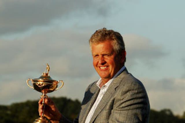 Colin Montgomerie hoists the Ryder Cup after Europe's victory earlier this month