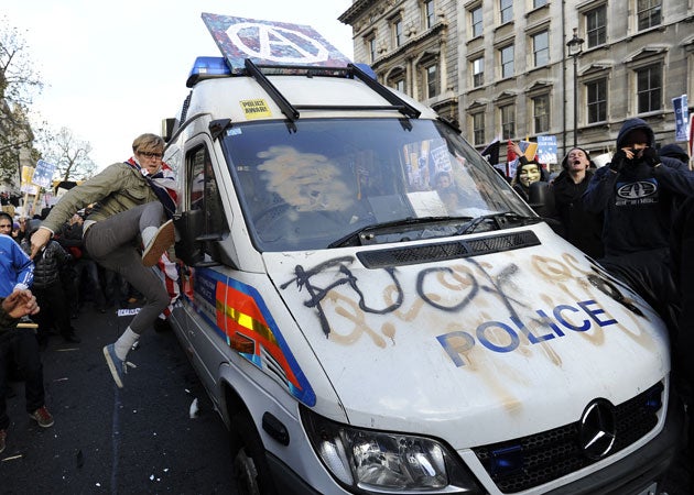 Vandalism at earlier protests had resulted in a heavy police presence