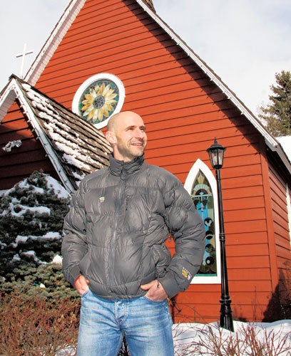 Gavin Peacock outside his local church in the Canadian Rockies in 2010