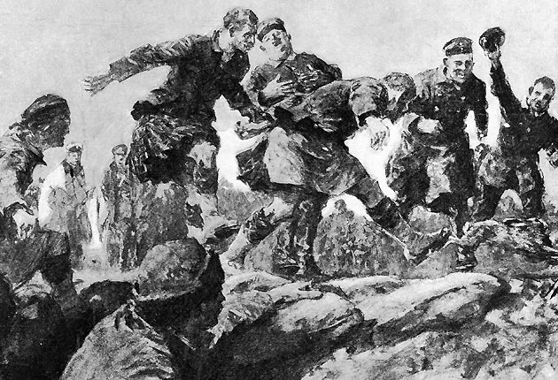 9 January 1915: 'Christmas Truce in the Trenches : Friend and Foe Join in a Hare Hunt'. Original Artwork: Drawing by Gilbert Holliday, from a description by an eye witness rifleman. Original Publication: The Graphic.