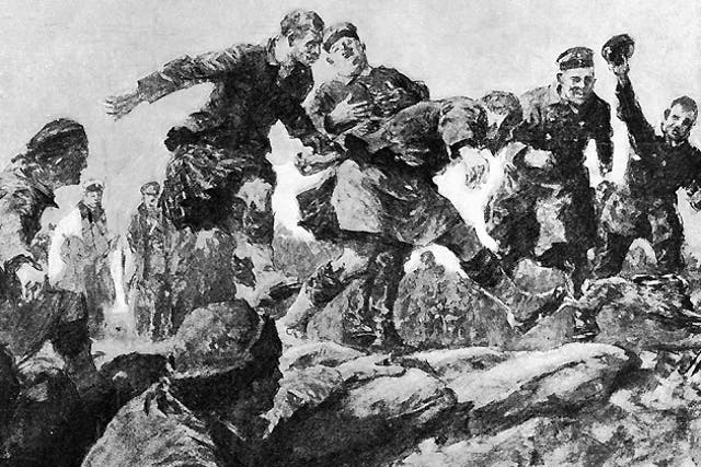 9 January 1915: 'Christmas Truce in the Trenches : Friend and Foe Join in a Hare Hunt'. Original Artwork: Drawing by Gilbert Holliday, from a description by an eye witness rifleman. Original Publication: The Graphic.