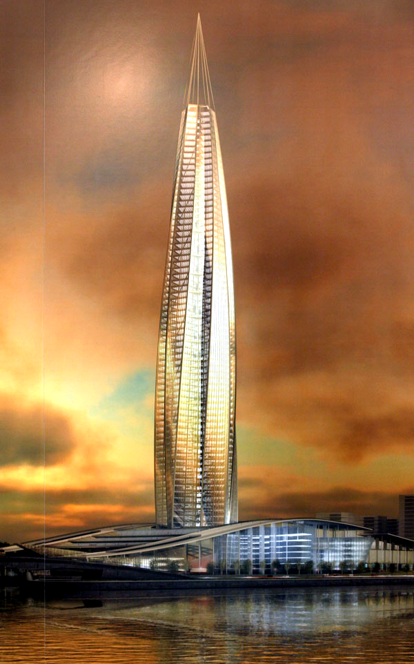 RMJM's 1,299ft Gazprom tower in St Petersburg is designed to look like a twirling gas flame
