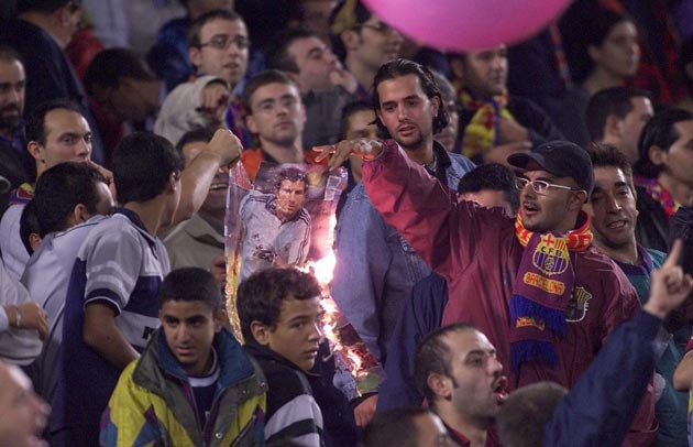 When Luis Figo moved from Barcelona to Real Madrid, the Catalonia fans were furious. So when the Portuguese player returned to the Nou Camp with his new team, the home fans threw a pig head onto the pitch. Point made.