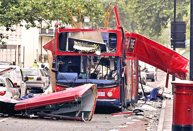 The number 30 double-decker bus in Tavistock Square, which was destroyed by a terrorist bomb on 7 July 2005