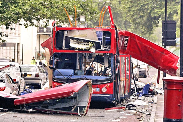The number 30 double-decker bus in Tavistock Square, which was destroyed by a terrorist bomb on 7 July 2005