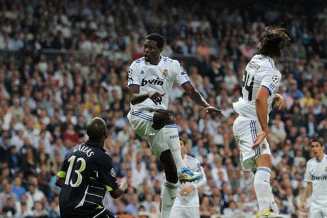 Adebayor, who wants to make his switch to Real Madrid permanent, scored twice against Tottenham last night