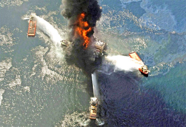 The Deepwater Horizon oil rig burning after the explosion in the Gulf of Mexico