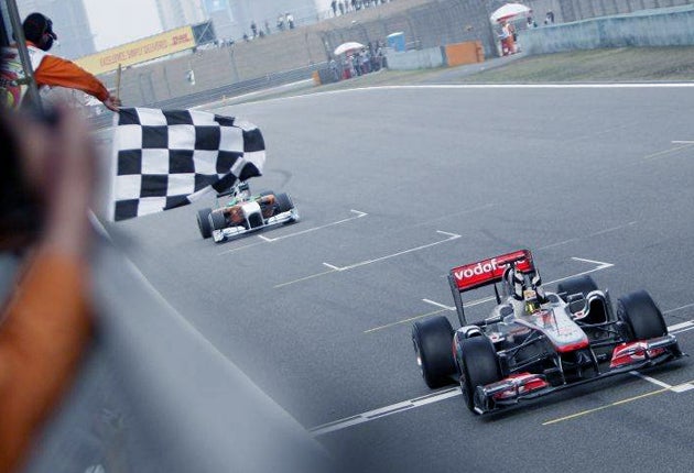 Lewis Hamilton crosses the finish line to win last weekend's Chinese Grand Prix