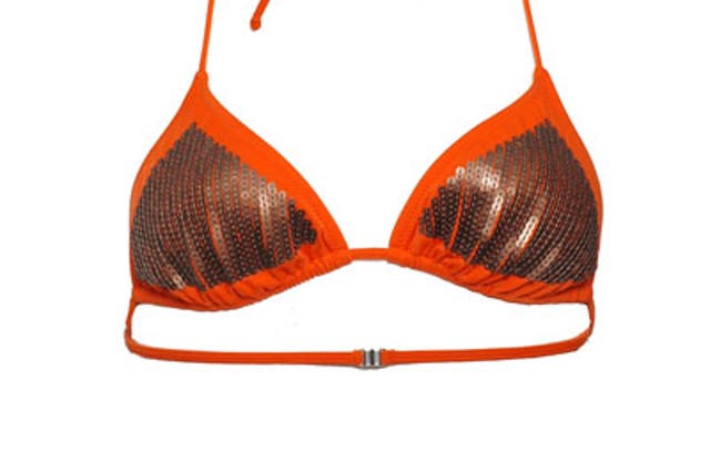 Irwin and Jordan<br/>

Not for the shy and retiring, this is a teeny-weeny futuristic red bikini. The matt gold sequin triangles catch the sun in an eye-catching way so you'll never be short of admirers wearing this. Those who are slightly less body-confi