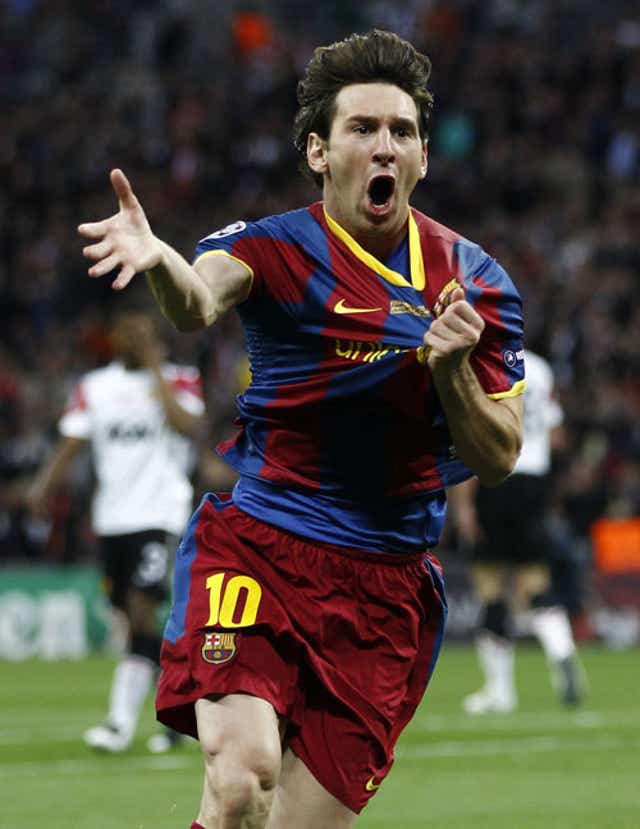 Messi celebrates his goal at this year's final at Wembley