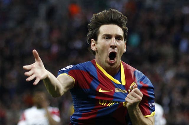 Messi celebrates his goal at this year's final at Wembley