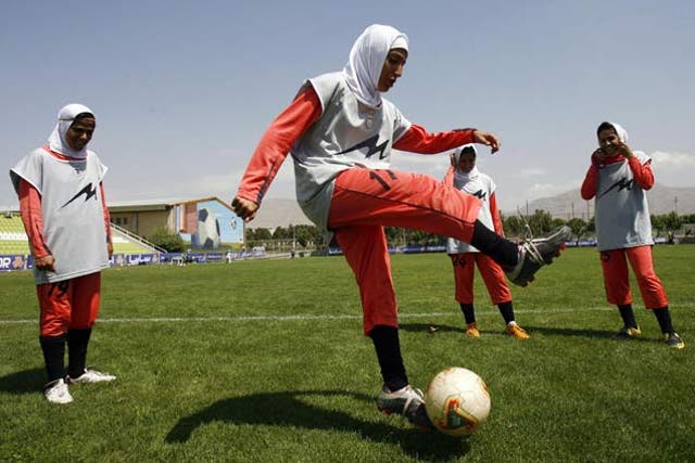 <p>File: Iran women’s football team during a training session</p>