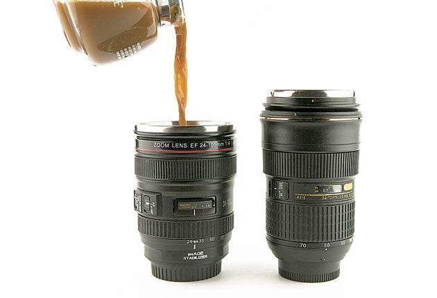 CAMERA LENS:<br/> No not the lens of some paparazzo's camera, this is actually a mug, with a handy lid that also doubles as a coaster. <br/>£14.50, clickshop.com