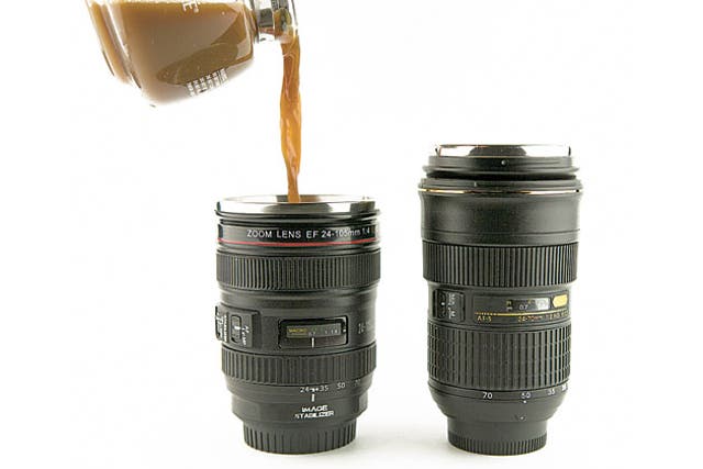 CAMERA LENS:<br/> No not the lens of some paparazzo's camera, this is actually a mug, with a handy lid that also doubles as a coaster. <br/>£14.50, clickshop.com